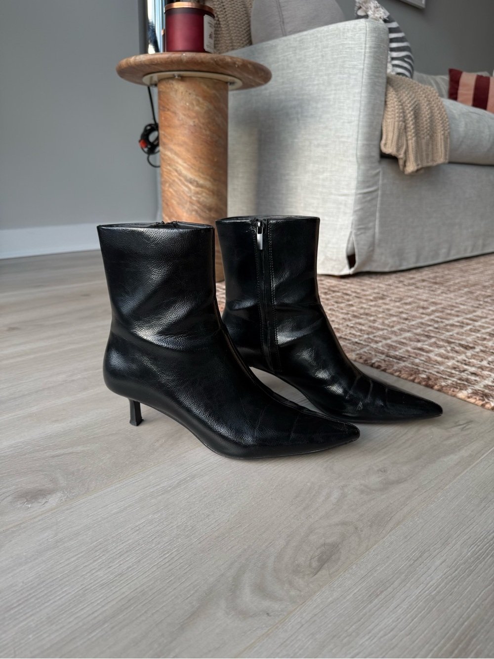 Zara Black Pointed Toe Leather Ankle Boots with Kitten Heel